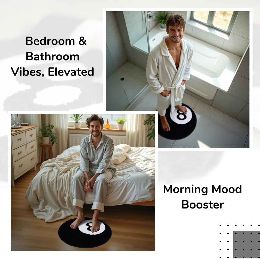 8 Ball Rug - 32 Inch White & Black Y2K Rug - Aesthetic and Cool Rugs for Bedroom & Living Room - Y2K Room Decor