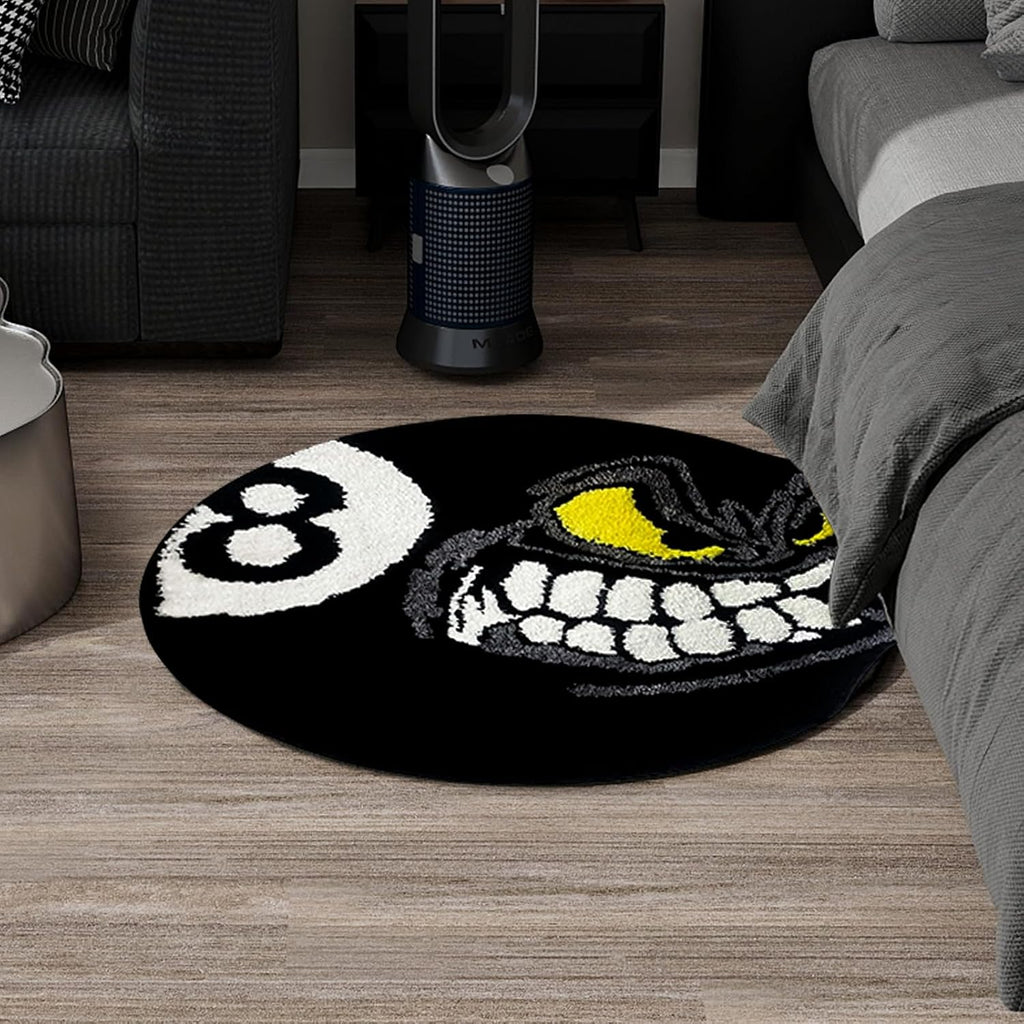 Angry 8 Ball Rug, 24" Cool Rugs for Bedroom Men, Black round Area Rug for Man Cave, High-Pile Flocking Soft Aesthetic Carpet for Living Room Decor, Hypebeast Room Decor