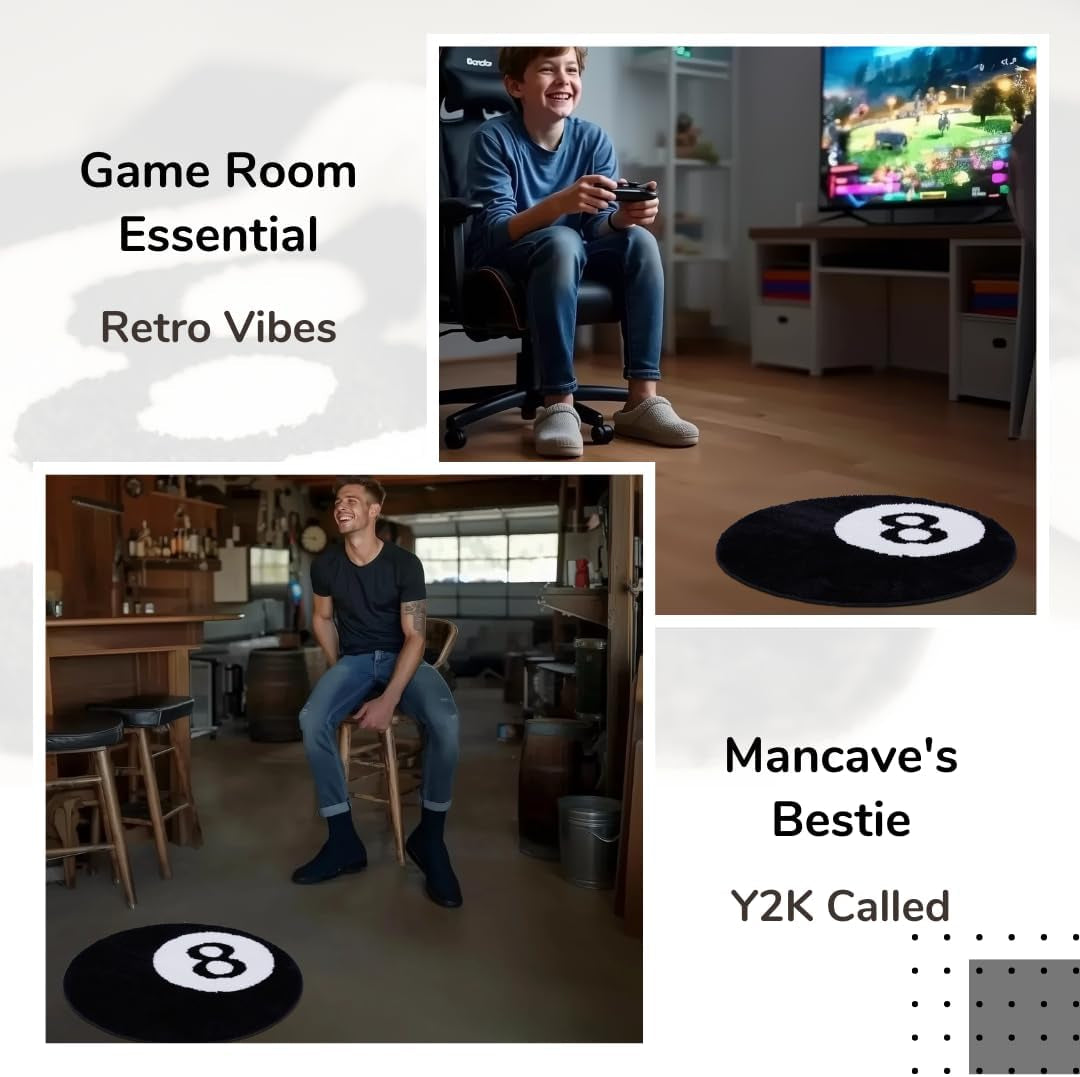 8 Ball Rug - 32 Inch White & Black Y2K Rug - Aesthetic and Cool Rugs for Bedroom & Living Room - Y2K Room Decor