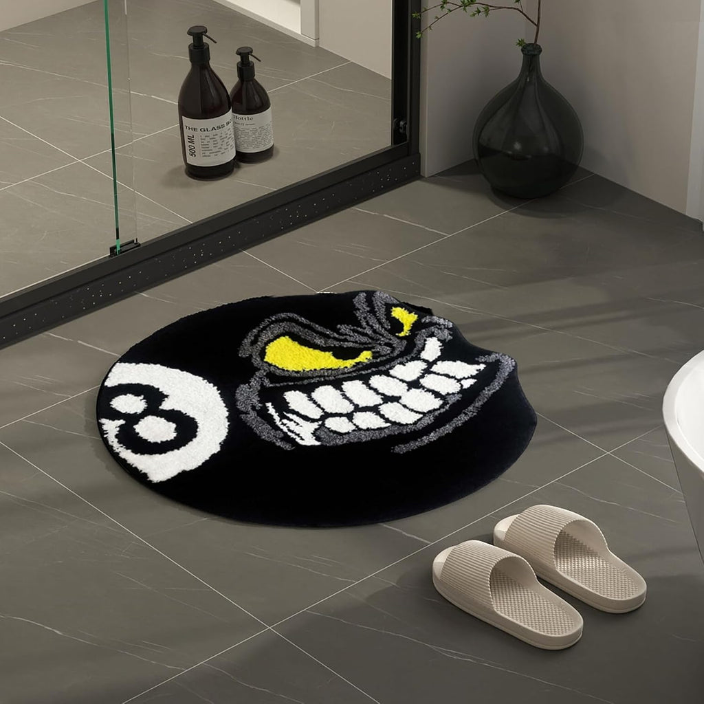 Angry 8 Ball Rug, 24" Cool Rugs for Bedroom Men, Black round Area Rug for Man Cave, High-Pile Flocking Soft Aesthetic Carpet for Living Room Decor, Hypebeast Room Decor