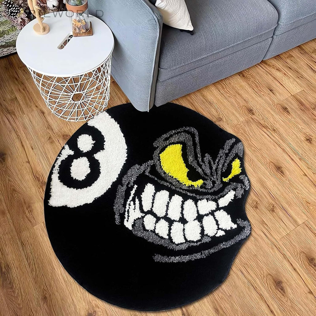 Angry 8 Ball Rug, 24" Cool Rugs for Bedroom Men, Black round Area Rug for Man Cave, High-Pile Flocking Soft Aesthetic Carpet for Living Room Decor, Hypebeast Room Decor